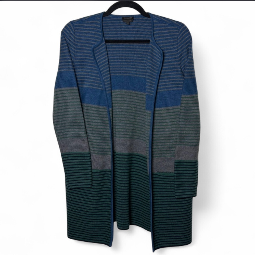 Talbots Petite XS Merino Wool Duster Cardigan Blue Green Striped